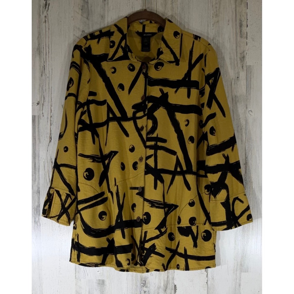 Ali Miles Button Down Shirt Large Yellow Black Abstract Art to Wear Lagenlook